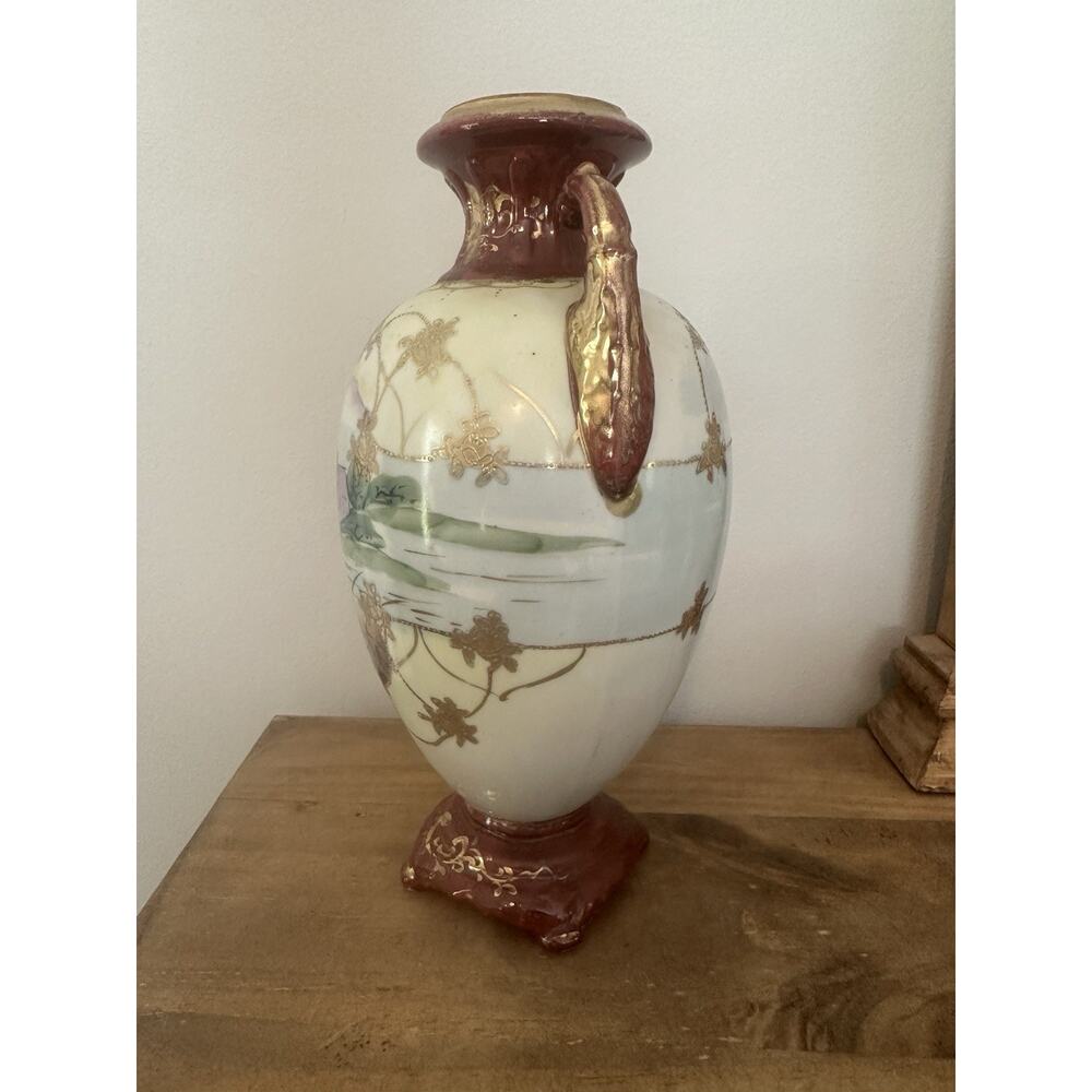 Vintage Hand Painted Double Handle Ceramic Urn Vase Made In Japan 10.5”T - Picture 2 of 7